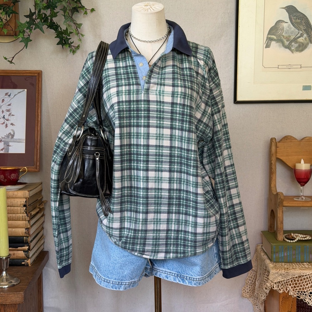 Green Plaid Rugby Shirt Grunge Gorpcore Vintage Large Oversized Baggy